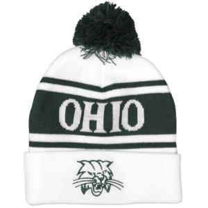 Image of White/ Dark Green Pom Beanie: Knit in Ohio Stripe with Cat Face Embroidery