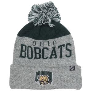 Image of Gray/Green Fleece Lined Pom Beanie: Knit in Ohio Bobcats with Attack Cat