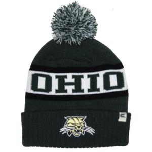 Image of Dark Green/White/Black Stripe Pom Beanie: Knit in OHIO with Cat Face Embroidery