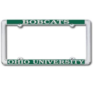 Image of License Plate Frame: Thin Rim Chrome with Dark Green Fill Bobcats Ohio University